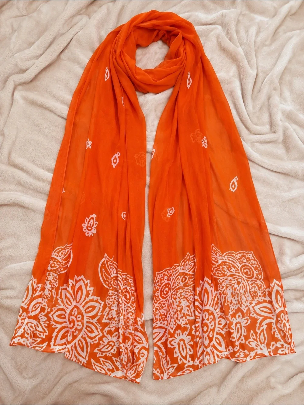 Estée Lauder Orange Chiffon Floral Scarf Lightweight Sheer Wrap Shawl